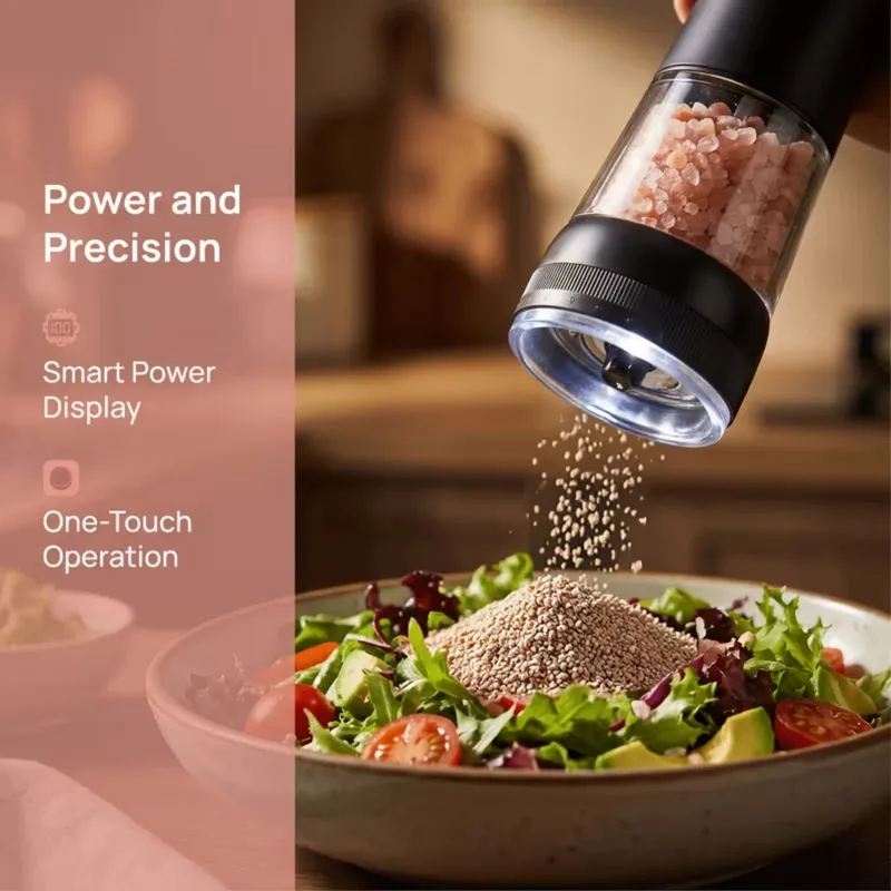 Electric Salt And Pepper Grinder Set Dual-Speed Adjustment Stainless Steel Rechargeable Automatic Pepper Grinder Jar With USB Charging Base Large 3.38 Ounce Capacity External Adjustable Coarseness LED Light.