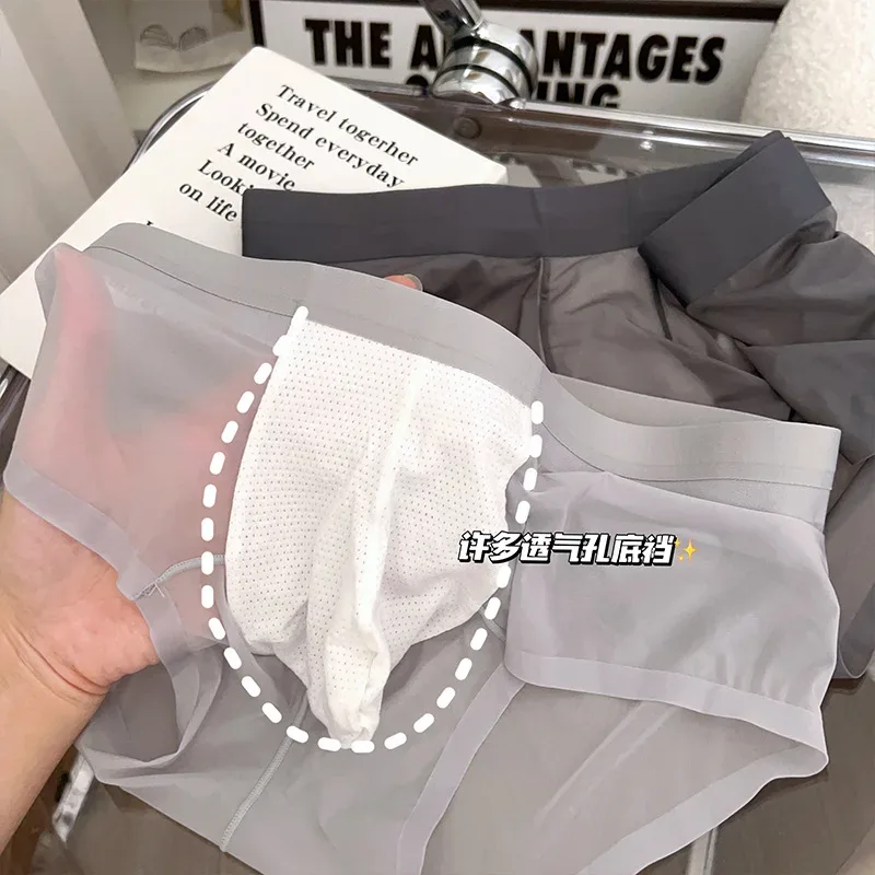 Cuecas masculinas transparentes ultra-finas de seda gelo calcinha de secagem rápida sexy u bulge bolsa homem roupa interior respirável cuecas — image 21