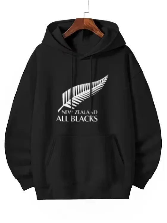 2026 Men's Oversized Polyester Hoodie with New Zealand All Blacks Feather Graphic Print Trendy Printed Large Size Sweatshirt