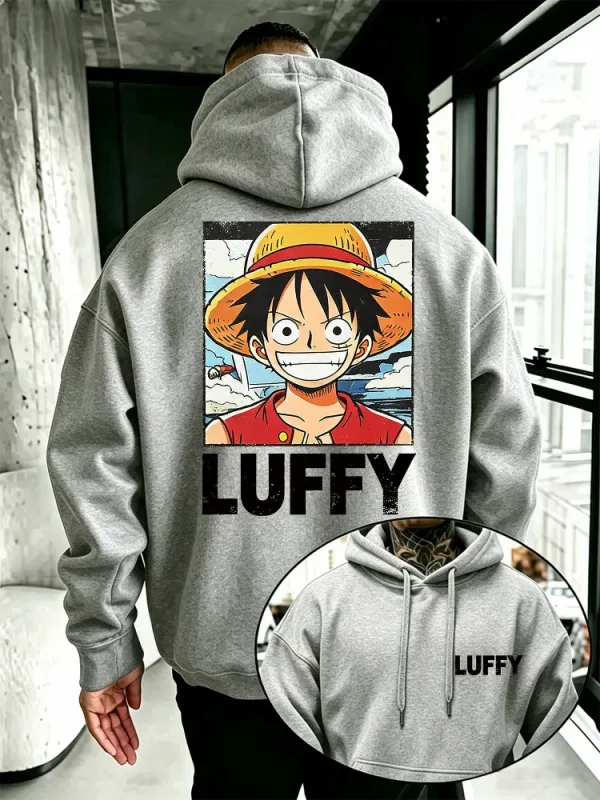 Anime One Piece Hoodie, Vintage Luffy Cartoon Character Front & Back Print Loose Fit Pullover Sweatshirt for Manga Enthusiasts — image 2