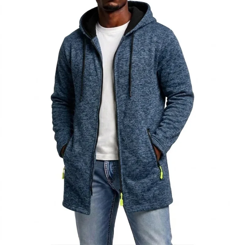 New Men's Zip Up Hoodie Casual Mid-Length Sweatshirts Fleece Jacket Warm Winter Hooded Trench Coat Outerwear with Zipper Pockets — image 2