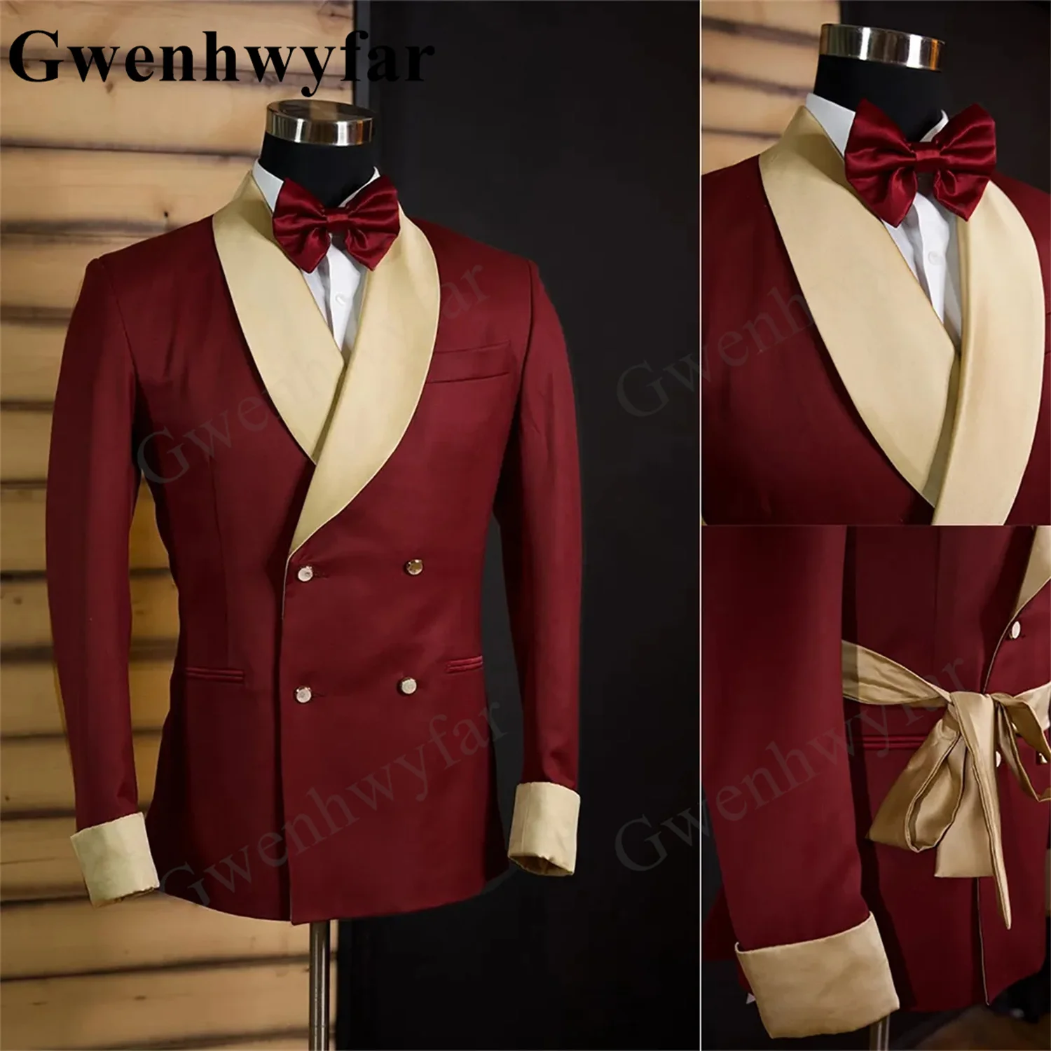 Gwenhwyfar Men's Deep Burgundy And Gold Satin Fabric Suits Tailored 2 Pieces Blazer Black Pants Two Button Shawl Lapel Wedding — image 3