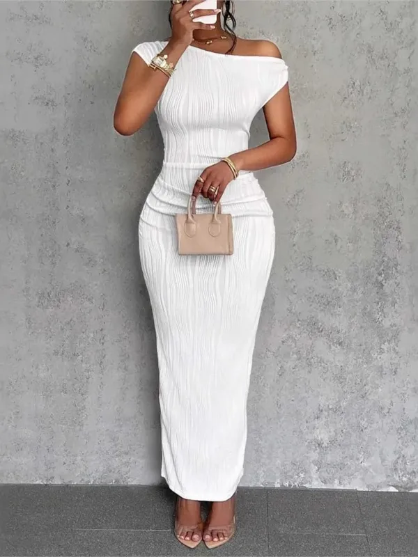 Módní vlnité šaty se šikmými rameny Dámské elegantní a jednoduché jednobarevné límec do áčka Mid pasem Sexy zavinovací sukně