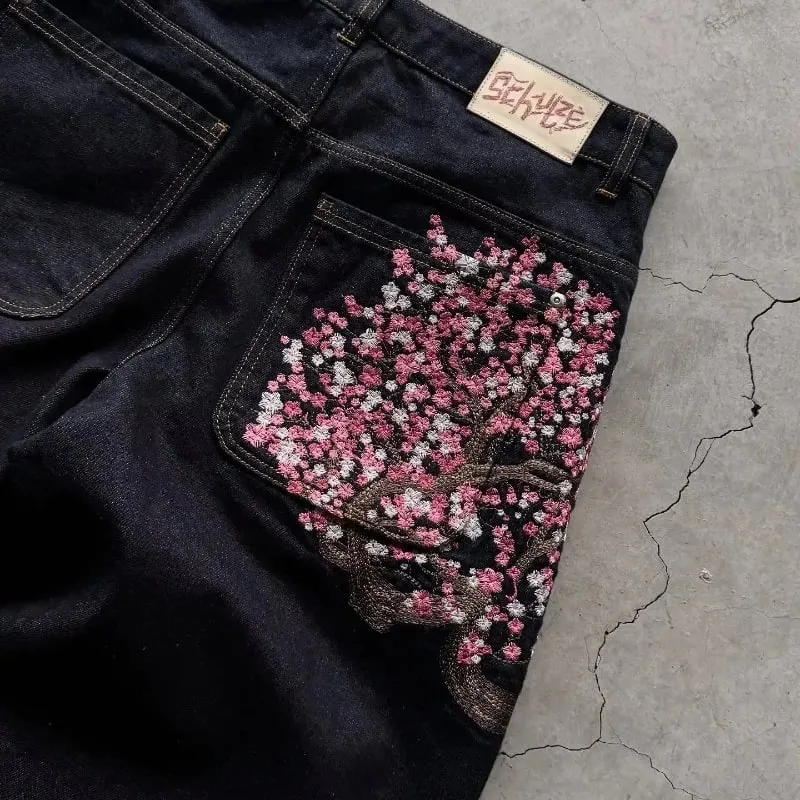 Y2K Baggy Jeans Cherry Blossom výšivka Džínové kalhoty Muži Ženy American Hiphop Streetwear Široká noha džínové kalhoty — image 2