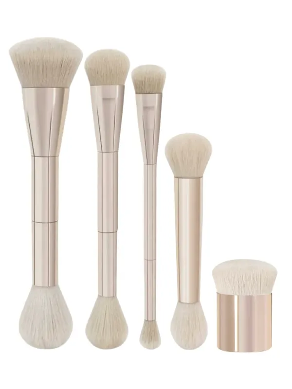 5-Piece Professional Makeup Tool Set for the Face Dual-Ended Multifunctional Makeup Brushes in Rose Gold Including a Dual-Ended Facial Makeup Brush Set Featuring Angled Tapered Foundation Brush Contour Brush Blush Brush Loose Powder Brush E