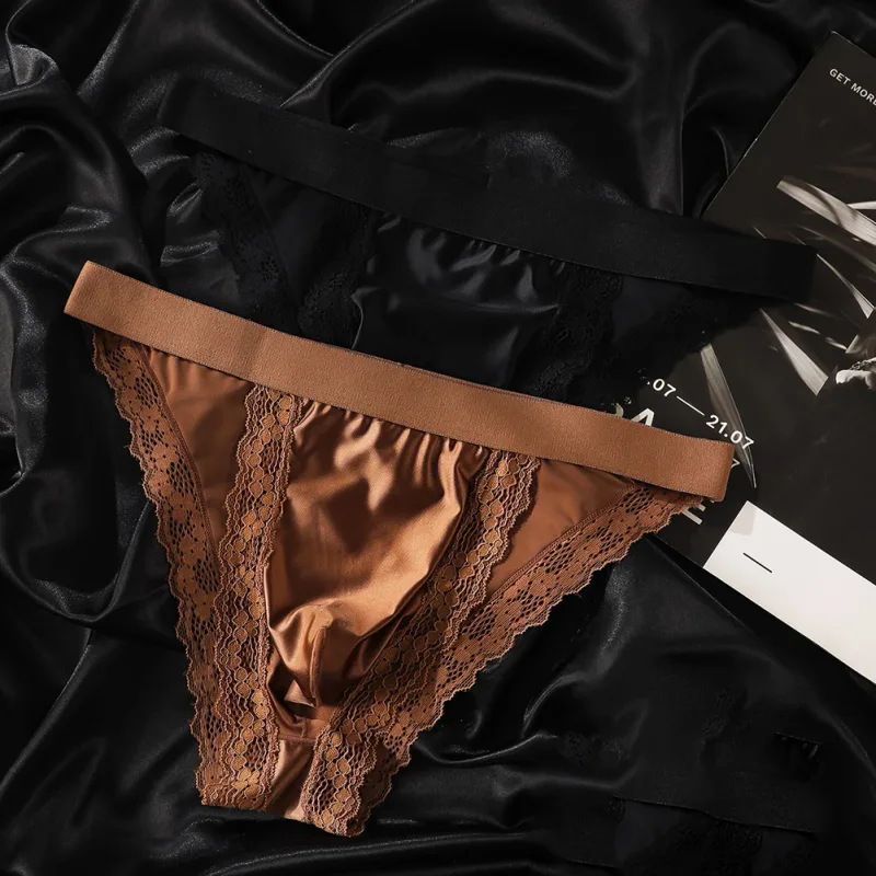 Satin-like Comfortable Men Panties Lace Trim Briefs Sexy High Fork Bikinis Underwear Breathable Low Waist Pouch