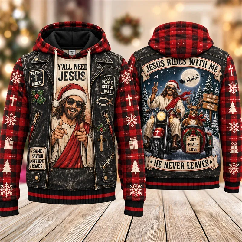 Funny Jesus Christmas Biker Hoodie 3D Graphic Motorcycle Rider Vintage Holiday Pullover Winter Streetwear Party Casual Gift — image 9