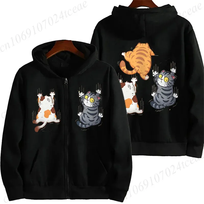 Zip‑Up Hoodie Funny Climbing Cats Graphic Print Long Sleeve Hooded Sweatshirt Front & Back Printed Casual Loose Jacket Outerwear — image 5