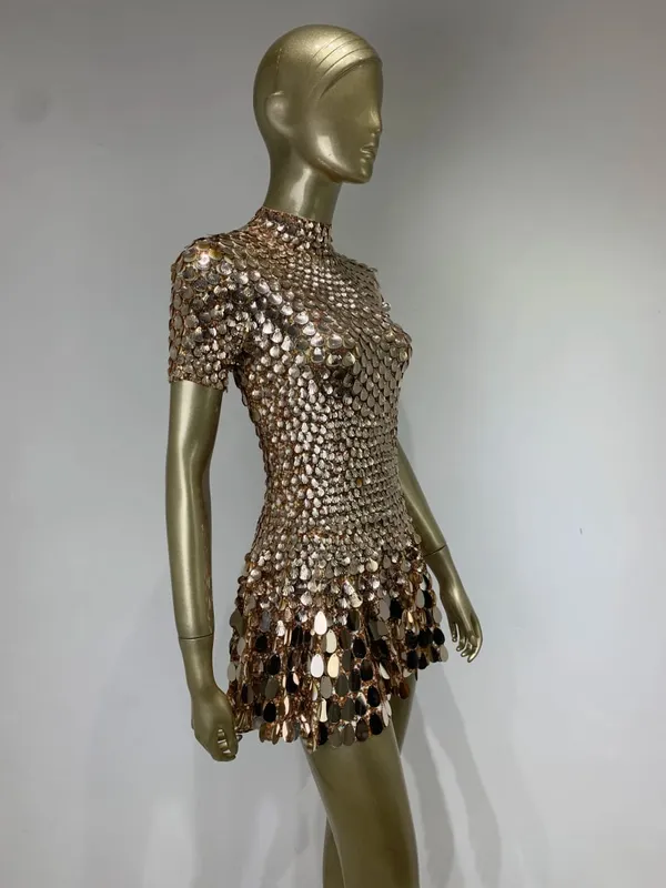 Estate donna moda mezzo collo alto manica corta sirena lucida paillettes mini abito club abito discoteca costume da spettacolo teatrale — image 3