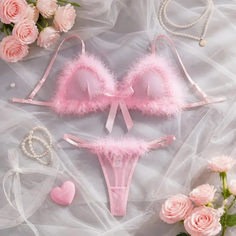 Sweet Furry Women's Underwear Mesh Transparent Bow Decor Lingerie Set Wireless Romantic Intimate Bra Panties Suit Anniversary — image 4