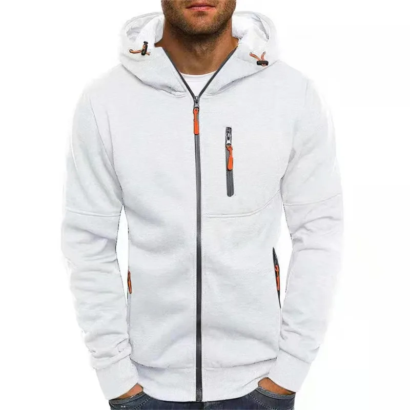 Men's Grey Hooded Sweatshirt Full Zipper Casual Sportswear with Pockets Orange Drawstring plus Size Available — image 4