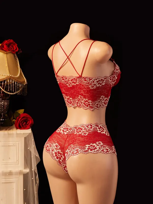 Colorblock Lace Lingerie Set Sheer Deep V Bralette Criss Cross Open Back Strappy Boudoir 2PC — image 6