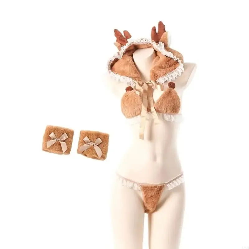 4Pcs Anime Lingerie Deer Cosplay Lingerie Costume Set Tiny Furry Bra and Panty Cap and Wrist Cuffs — image 2