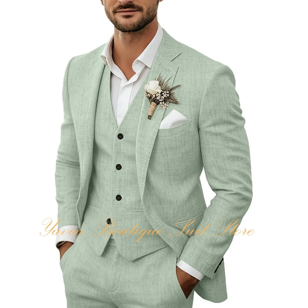 Summer Men's Linen Suits Casual Blazer 3 Piece Jacket Vest Pants Suit Set for Men Wedding Business Prom Tuxedo Suits
