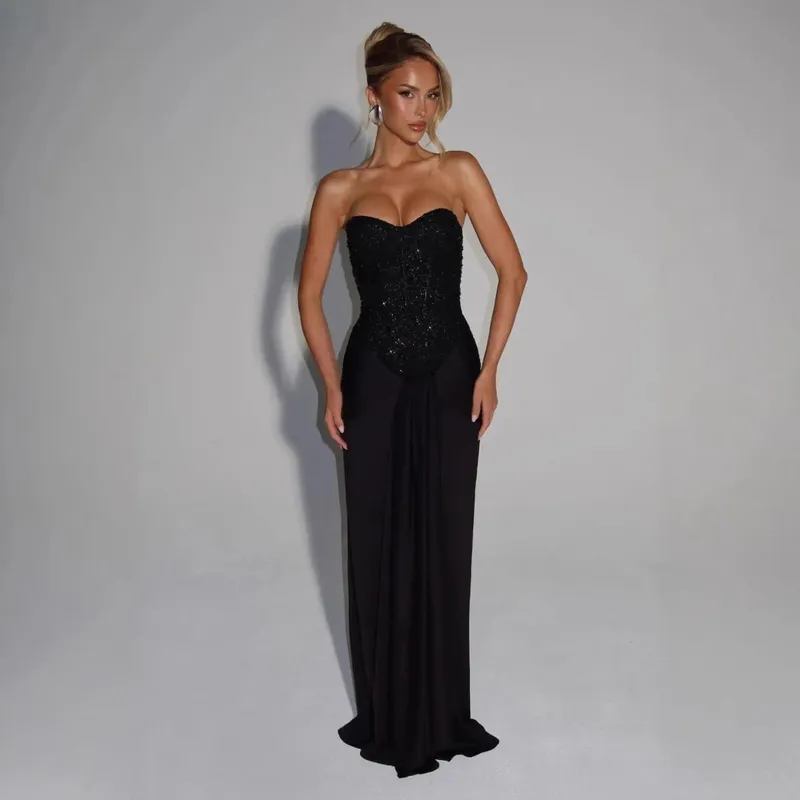Sexy Pailletten-Patchwork-trägerloses Maxikleid für Damen, ärmellos, schulterfrei, geraffte Taille, Plissee-Kleider, Abendparty-Kleider — image 5
