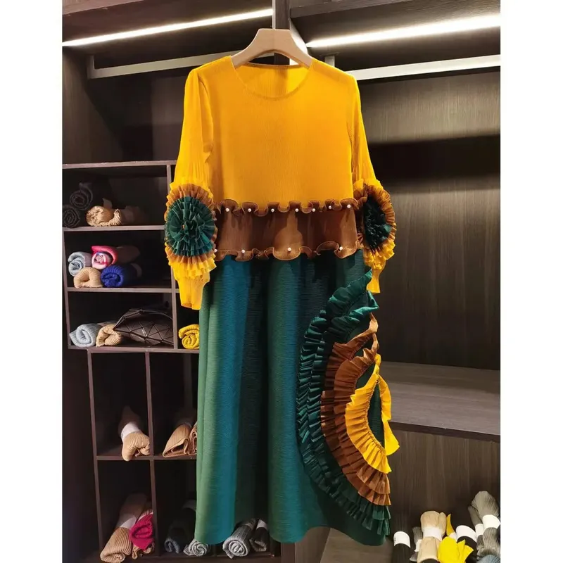 Pleated Tie Flower Long Sleeve Women's Dress Chic New Loose Colorblock Patchwork Design Beading Famale Clothing 2DB6651 — image 6