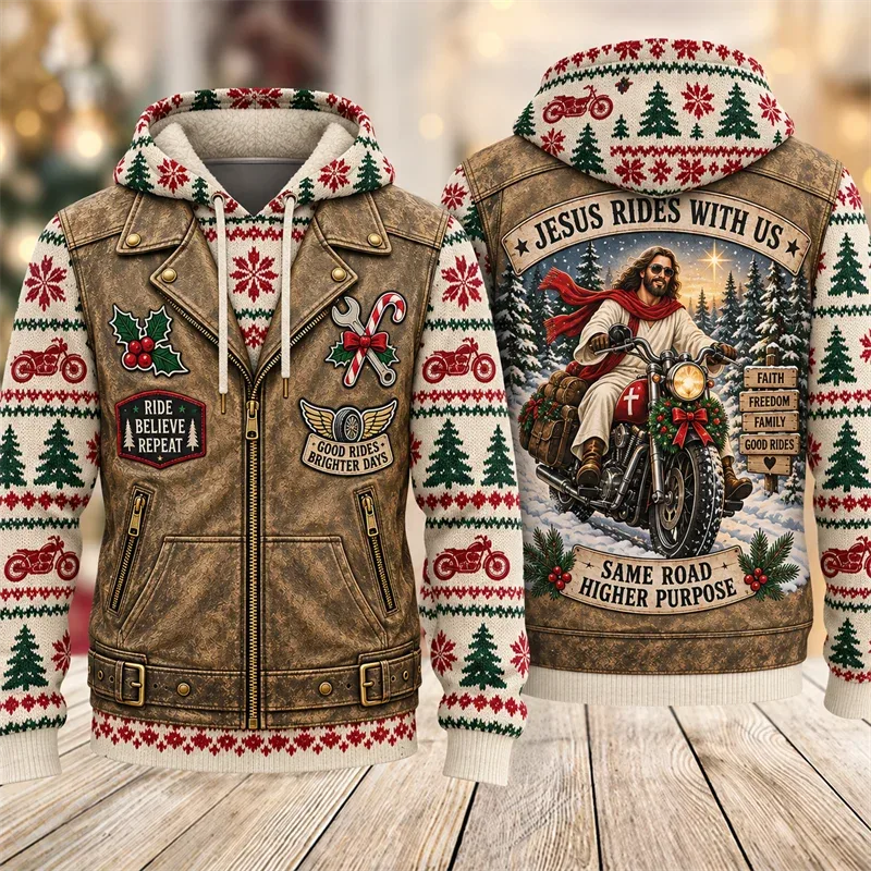 Christmas Biker Hoodie 3D Print Santa Reindeer Gingerbread Rider Faux Leather Vest Holiday Pullover Winter Streetwear Gift — image 11