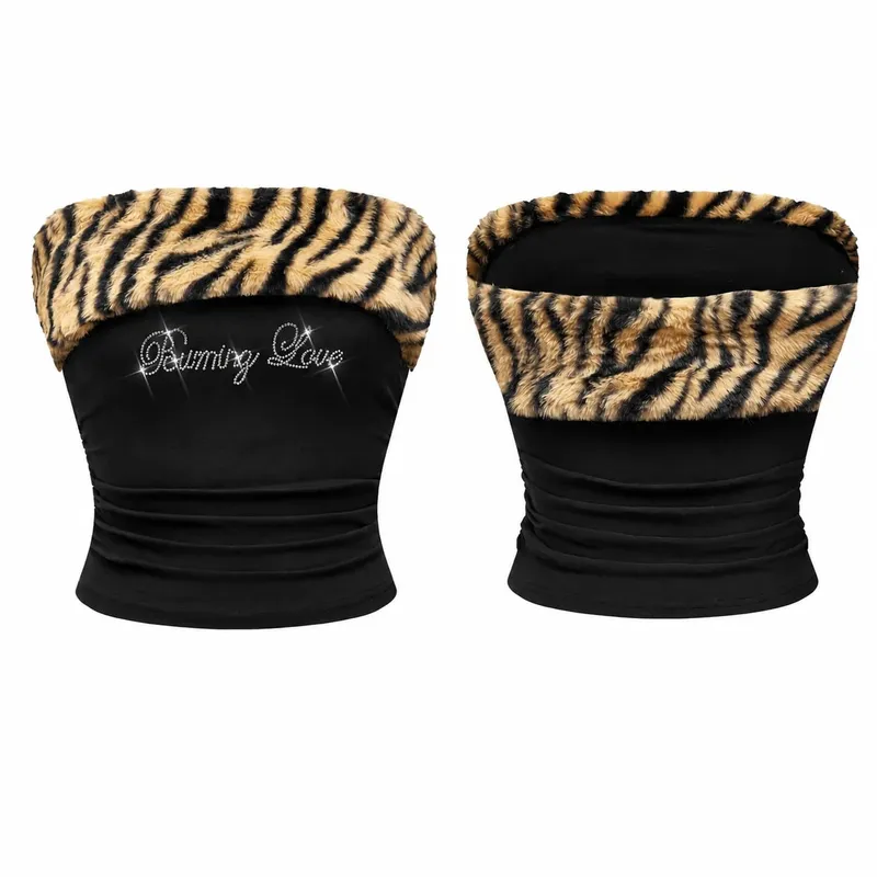 Women Y2K Tiger Print Faux Fur Trim Off Shoulder Top Rhinestone Burning Love Lettering Ruched Waist Fitted Bodycon Cropped Long Sleeve Bardot Tube Top Baddie Going Out Party Club，christmas valentine halloween cosplay costume plus size petit