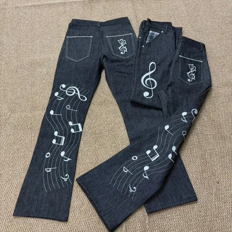 Note Rose Embroidered Original Color Jeans Unisex 1021M Version Slightly Flared HighStreet Wear Straight Jeans Stacked Pants Men — image 3