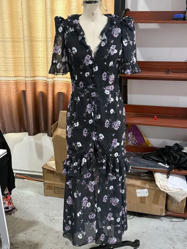 Pakaian Maxi Chiffon Cetak Bunga-bungaan Wanita Lengan Panjang V-leher Dalaman Romantik Gaun Potong Renda Tinggi Rendah 2026 Gaun Wanita Elegan Musim Panas — image 14