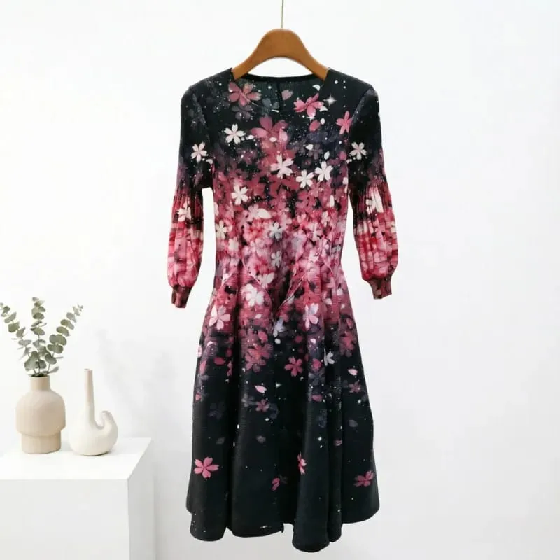 Miyake Plissee Kleider 2026 Herbst Neue Sanfte Französisch Druck Elegante Stretch Plus Größe frauen Langarm Bounce Blume Knospe kleid — image 5