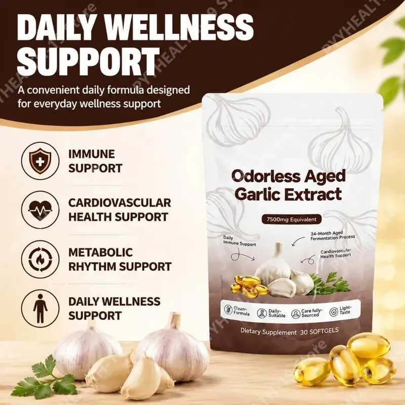 Άοσμο παλαιωμένο εκχύλισμα σκόρδου Softgels 7500mg ισοδύναμης 24-μηνης ζύμωσης για ανοσοκαρδιομεταβολική υποστήριξη Ενήλικες 30 Αριθμός — image 2