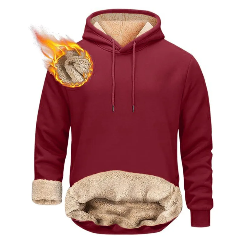 Winter Men's Warm Hoodies Sports Thick Sweatshirts Windproof Thermal Casual Solid Color Loose Long Sleeve Pullover Streetwear — image 3