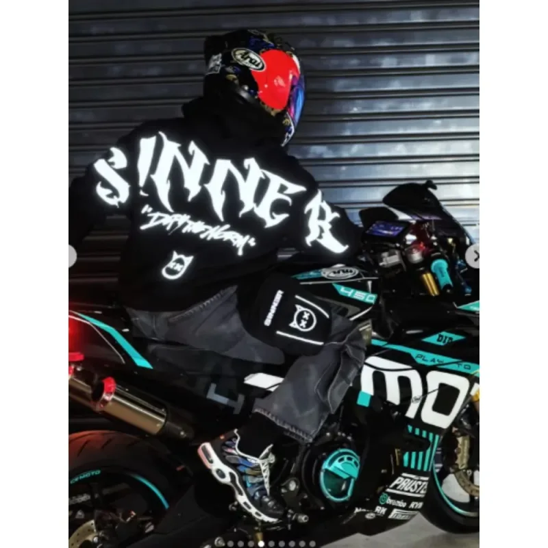 Mens Gothic Sinner Defy The Moon Print Oversized Hoodie Black Streetwear Motorcycle Riding Casual Pullover Hooded Sweatshirts — image 7