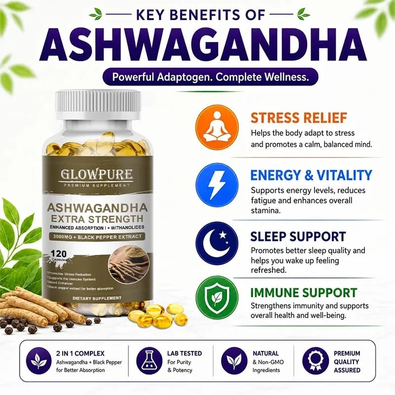 Capsule di estratto di radice di Ashwagandha per stress, umore, sonno, energia e concentrazione. Integratore con formula premium