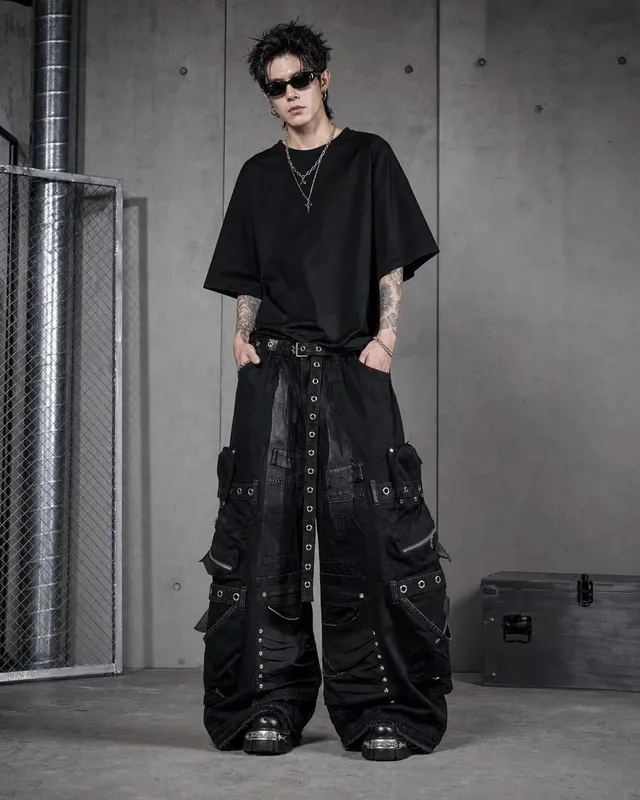 Black Baggy Cargo Jeans Men Women Heavy Multi Pocket Zipper Detail Streetwear Casual Fashion Pants Wide Leg Loose Fit Soft Y2K — image 2