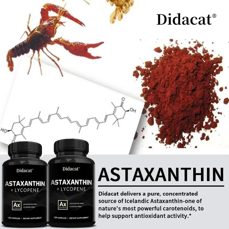Astaxanthin 24mg + Lycopene 50mg Natural Antioxidant From Microalgae Astaxanthin Supplement Support Eye Skin Health Non-GMO