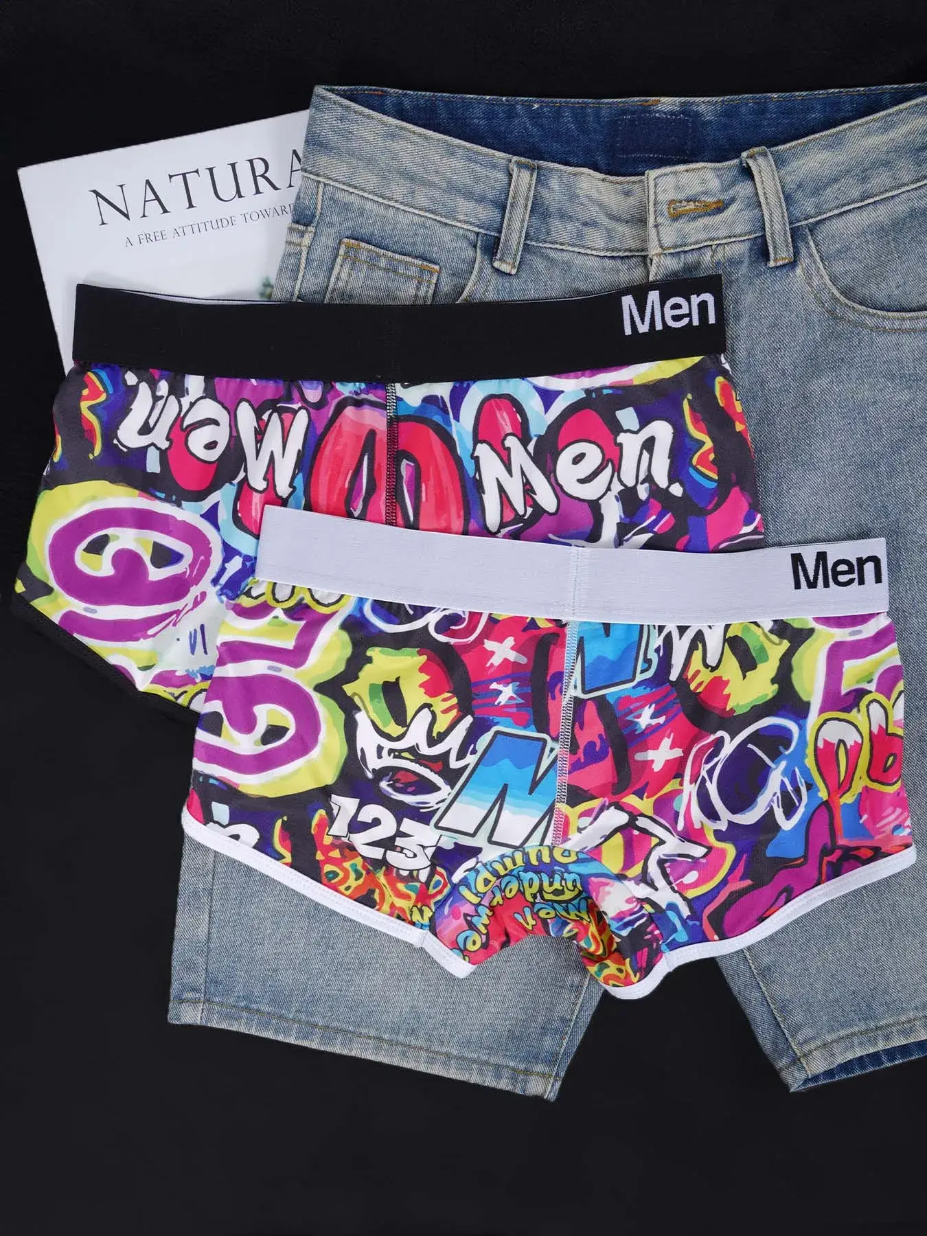 1 Chiếc Nam Cotton Nylon Pha Quần Sịp Boxer Toàn Graffiti In Rộng Dây Thắt Lưng Co Giãn Không Bó Sát Thời Trang thể Thao Quần Lót — image 5