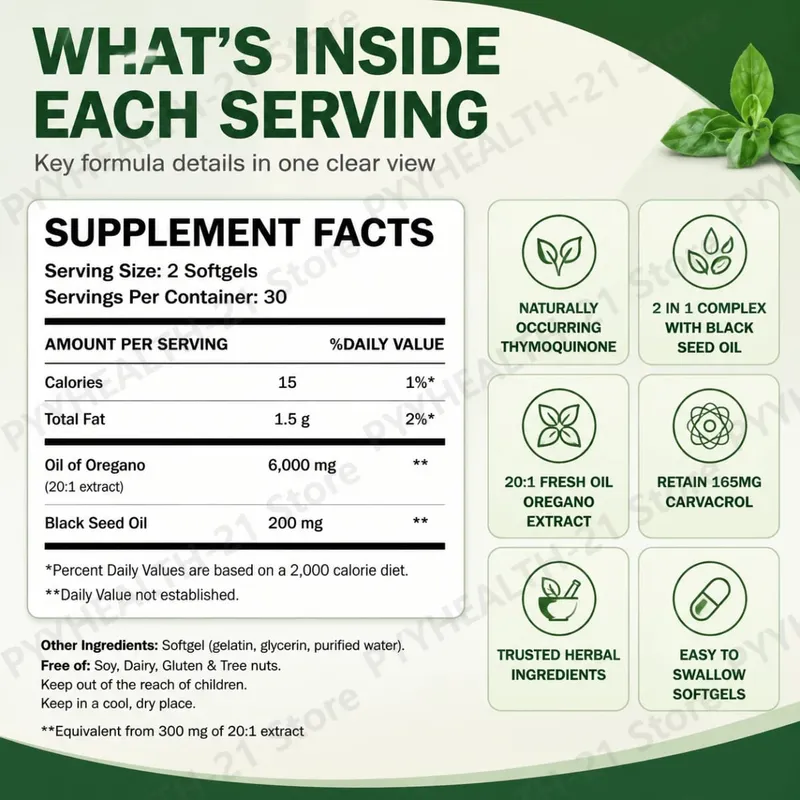 Oil of Oregano 6000mg Black Seed Oil Softgels Supports Daily Immune Defense Digestive Balance Herbal Formula Non GMO 60 Count — image 3