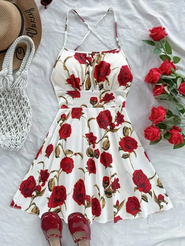 Hanging neck cross thin suspender short dress with waist cinching and big swing creating an atmosphere for women's short skirt — image 3