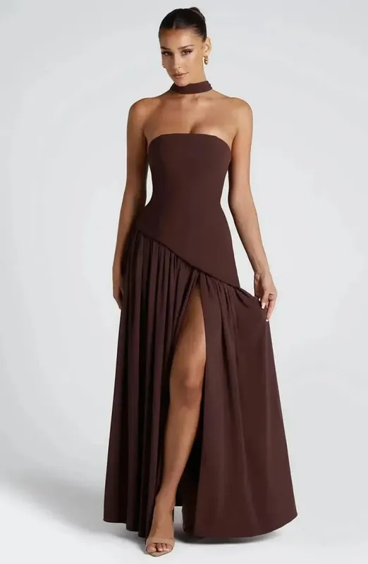 Maxivestido liso empalmado con cinta para mujer, Vestidos largos elegantes sin tirantes y sin mangas con abertura, novedad de 2025, Vestidos de fiesta de verano para mujer