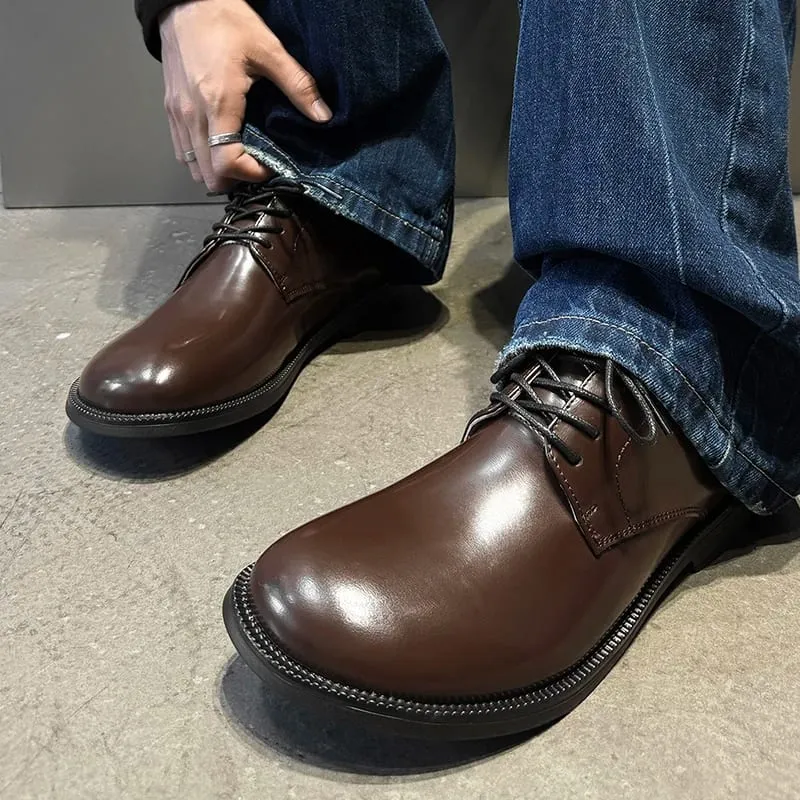 Men Round Toe Lace Up Derby Shoes Retro Simple Non Slip Breathable Comfortable Fashionable Commuting Shoes — image 3
