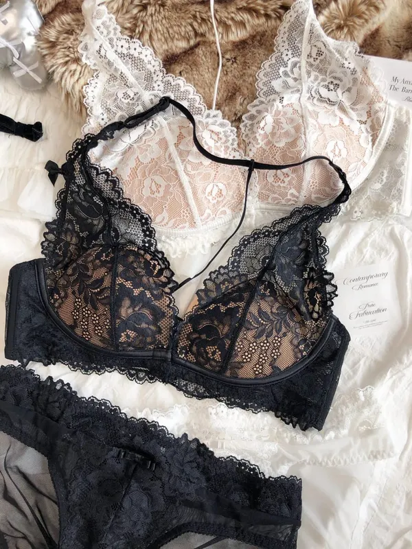 Sexy Lace Embroidery Women Lingerie Set French Thin Cup Halter Bikini Bra High Quality Push Up Bralette Backless Underwear Set — image 4