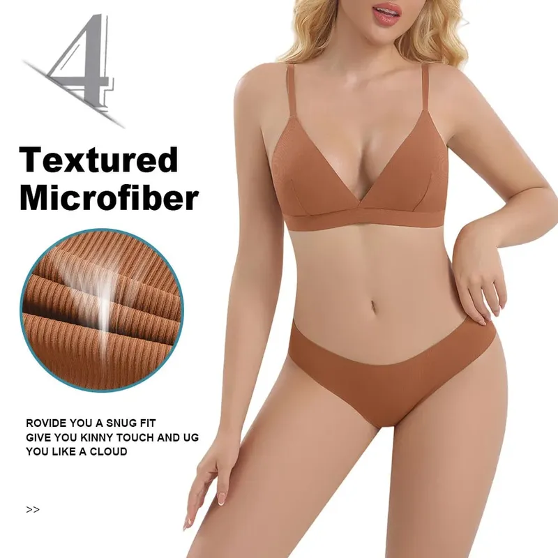 Women's Seamless Rimless Bra Ribbed Triangle Cup Underwear Briefs Set Underwear Women Set Sexy Lingerie