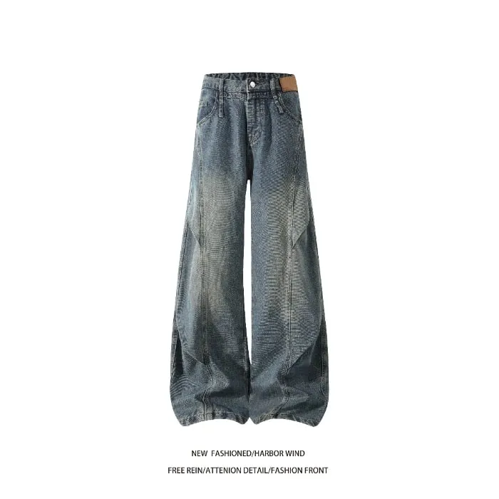 Men 2026 American Style Wide Leg Scimitar Jeans Contrast Stitch Spliced Pleated Design Loose Casual Long Denim Pants For Male