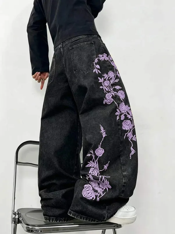 Men's Vintage Rose Embroidery Design Black Baggy Jeans Men Y2K Streetwear Skate Style Fashionable Versatile Wide-Leg Pants