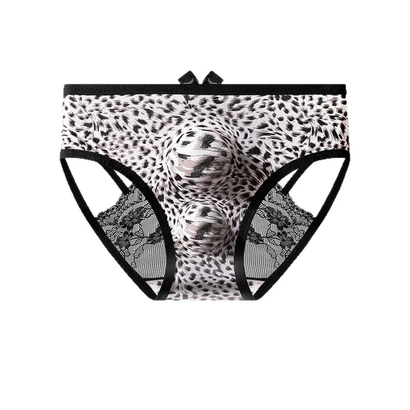 Men's Sexy Underwear Hollow Lace Back Sheer Panties Ice Silk Leopard Printed 3D Bullet Separation Pouch Sissy Underwear — image 2
