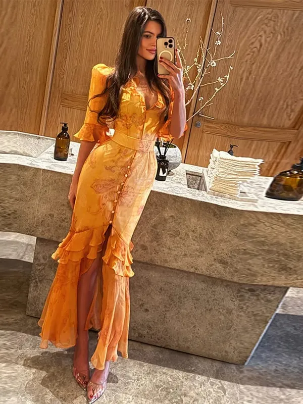 Elegant Ruffle ผู้หญิงชุดยาว V คอครึ่งแขนปุ่มเอว Cinching จีบชุด 2026 ฤดูใบไม้ผลิ Lady แฟชั่น Party Robes