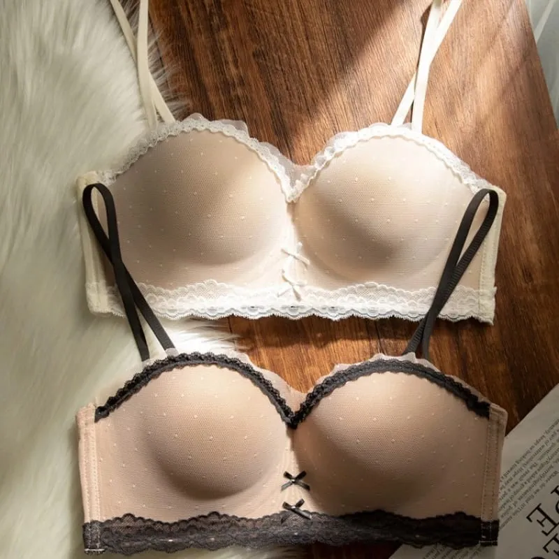 Sexy Mesh Wire Free Underwear Set Women Lace Dot 1/2 Palm Cup Push Up Bra Summer Detachable Strap Lingerie and Panties Sets