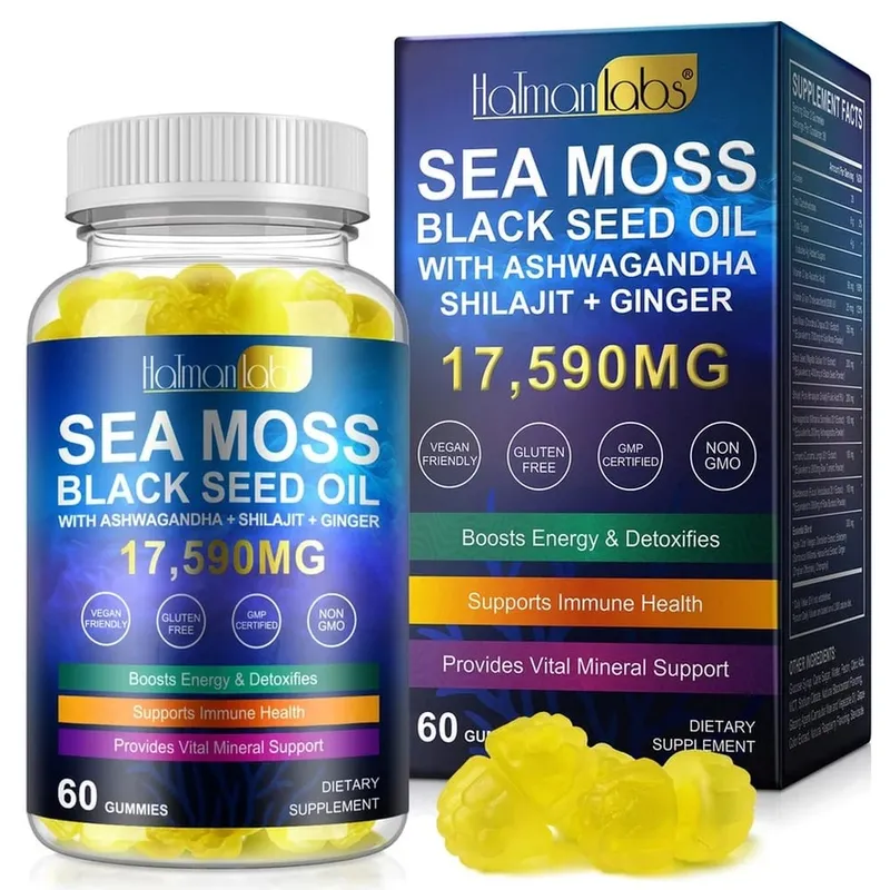HalmanLabs Gomitas de aceite de semilla negra de musgo marino con vitamina C y vitamina D para la salud inmune y apoyo mineral vital 60 gomitas