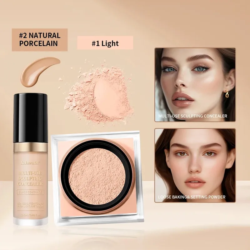 2ks sada na make-up na obličej s korektorem a sypkým pudrem na obličej s hladkým matným povrchem pro ženy, korejský make-up — image 11