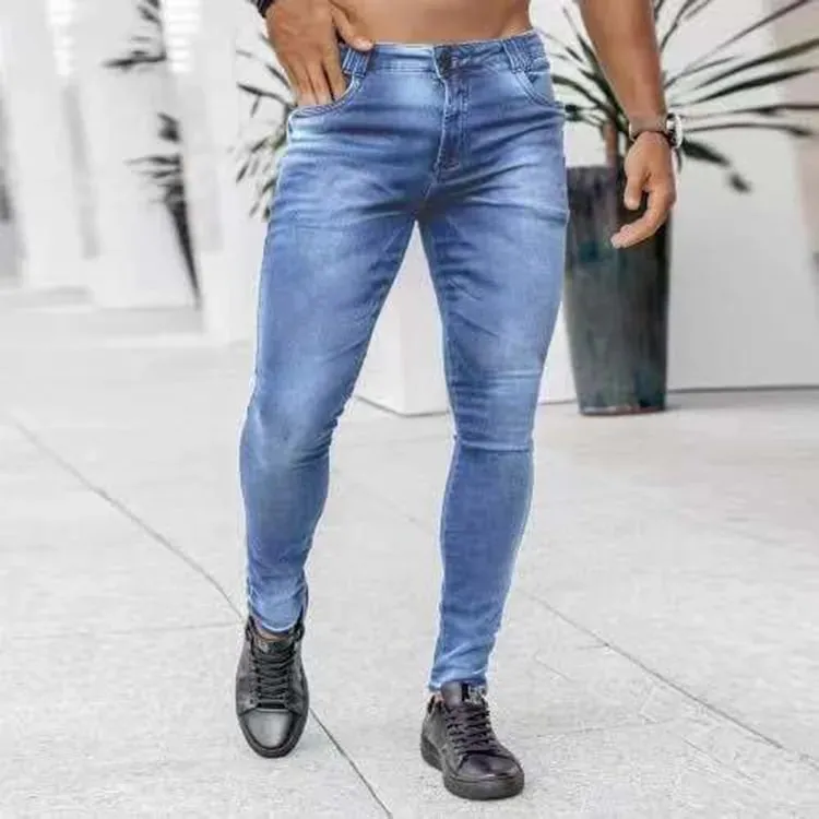 Men High Waist Skinny Jeans Stretch Pencil Pants Solid Color Ins Trendy Street Slim Fit Denim Trousers Male Casual Pants — image 3