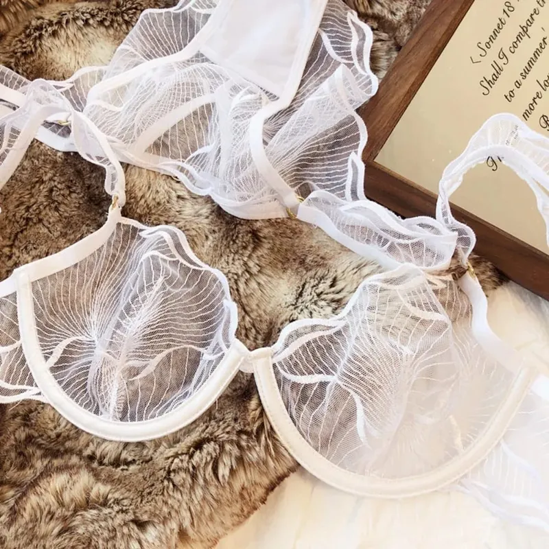 Womens French Lace Bra Set Ultra Thin Embroidery Hollow Minimizer Brassiere Sheer Lingerie Underwear Soft Comfortable 32 to 38 — image 6