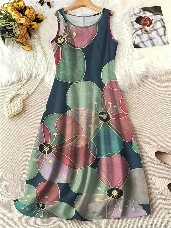 Summer Fashion Round-Neck Women's Dresses Botanical Floral Color-Blocked Patchwork Dresses Travel Party and Beach Dresses — image 7