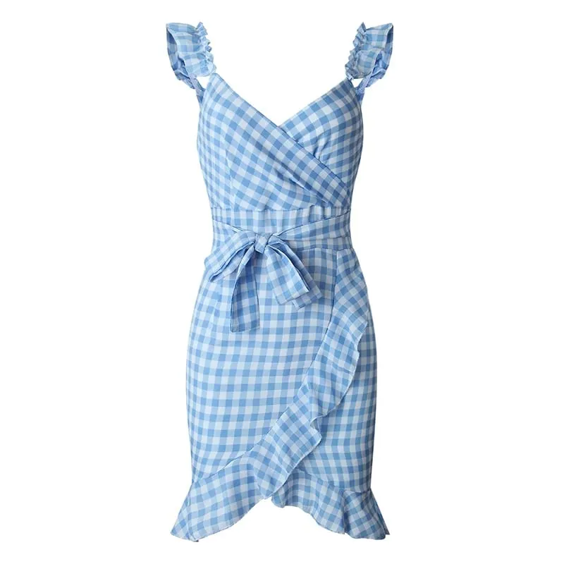 Nako-customize na Plaid Lace Up Bodycon Dress Women Ruffles Summer Dress Off Shoulder V Neck Backless Irregular Bow Tie Dresses