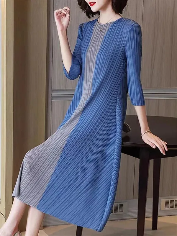 Miyake美麗晚禮服百褶女洋裝簡約時尚撞色彈性寬鬆短袖繫帶腰連身裙 — image 5